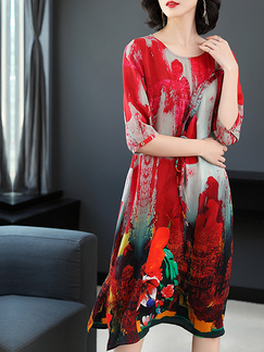 Red and Colorful Loose Plus Size A-Line Round Neck Linking Printed Shift Knee Length Dress for Casual Party