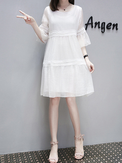 White Loose Plus Size A-Line Round Neck Chiffon Linking Flare Sleeve Dress for Casual Party Office