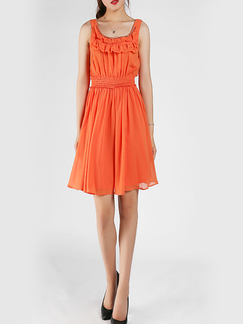 Orange Slim A-Line Round Neck Chiffon Linking Adjustable Waist Bead Fit & Flare Above Knee Dress for Casual Party