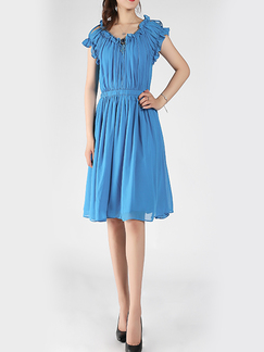 Blue Slim Round Neck A-Line Chiffon Linking Adjustable Waist Bead Fit & Flare Above Knee Dress for Casual Party