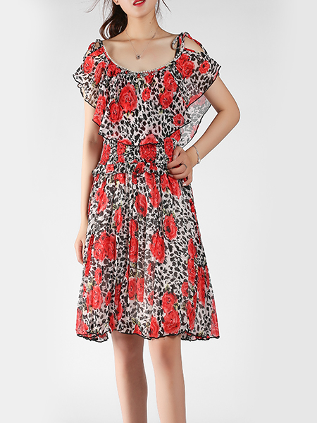 Black and Red Slim Plus Size A-Line Round Neck Chiffon Linking Adjustable Waist Bead Above Knee Floral Dress for Casual Party