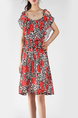 Black and Red Slim Plus Size A-Line Round Neck Chiffon Linking Adjustable Waist Bead Above Knee Floral Dress for Casual Party