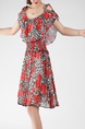 Black and Red Slim Plus Size A-Line Round Neck Chiffon Linking Adjustable Waist Bead Above Knee Floral Dress for Casual Party