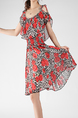 Black and Red Slim Plus Size A-Line Round Neck Chiffon Linking Adjustable Waist Bead Above Knee Floral Dress for Casual Party