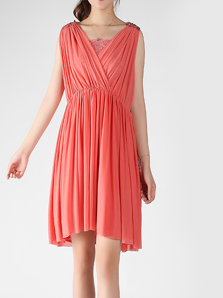 Rose Red Slim A-Line V Neck Linking Adjustable Waist Bead Sequins Above Knee Dress for Evening Cocktail Bridesmaid Prom