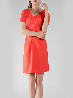 Rose Red Slim A-Line V Neck Linking Ruffle Above Knee Sheath Dress for Party Evening Office