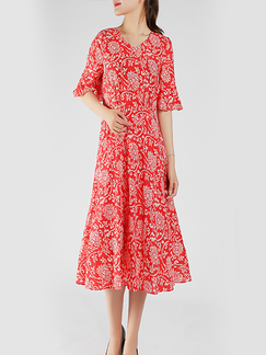 Red and White Loose Full Skirt Plus Size Round Neck Linking Flare Sleeve Floral Midi Dress for Casual