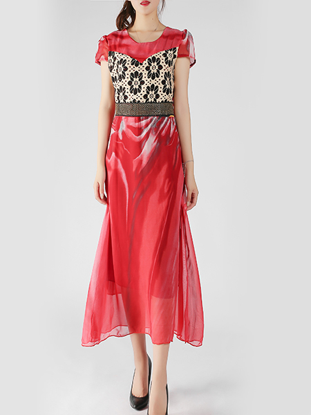 Red and Colorful Slim Full Skirt Round Neck Chiffon Linking Contrast Sequins Stitching Midi Dress for Evening Party Cocktail