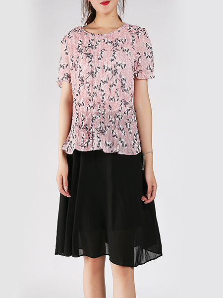 Pink and Black Slim Plus Size A-Line Round Neck Chiffon Pleated Linking Above Knee Dress for Casual
