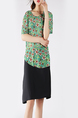 Green and Black Loose Plus Size A-Line Round Neck Linking Floral Knee Length Dress for Casual Party Office