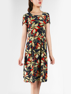 Navy and Yellow and Red Slim Plus Size Round Neck Linking Printed Knee Length Dress for Casual Party
