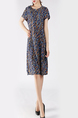 Navy and Colorful Slim Plus Size Round Neck Linking Buckled Printed Knee Length Dress for Casual Party