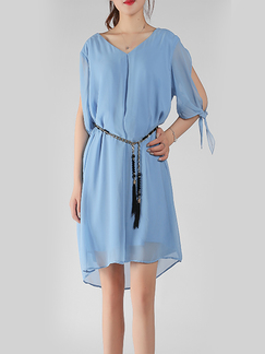 Sky Blue Loose V Neck Chiffon Linking Open Back Above Knee Dress for Casual Party Evening