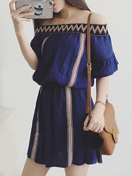 Blue Slim Chiffon Off-Shoulder Embroidery Adjustable Waist Flare Sleeve Above Knee Dress for Casual Party