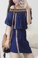 Blue Slim Chiffon Off-Shoulder Embroidery Adjustable Waist Flare Sleeve Above Knee Dress for Casual Party