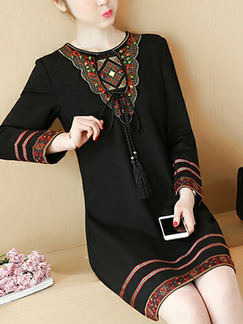 Black Plus Size Slim A-Line Round Neck Band Tassel Embroidery Long Sleeve Dress for Casual Party