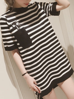 Black and White Plus Size Slim H-Shaped Contrast Stripe Round Neck Furcal Side Above Knee Shift Dress for Casual