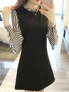 Black and White Plus Size Slim A-Line Linking Stripe Flare Sleeve Laced Round Neck Long Sleeve Above Knee Dress for Casual Office