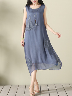 Blue Loose Square Collar Embroidery Asymmetrical Hem Shift Midi Dress for Casual