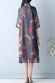 Colorful Medium-Long Loose Printed Chinese Buttons See-Through Shift Knee Length Dress for Casual