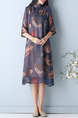 Colorful Medium-Long Loose Printed Chinese Buttons See-Through Shift Knee Length Dress for Casual