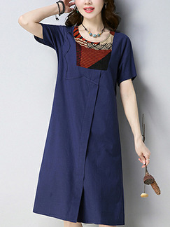 Blue Plus Size Loose A-Line Round Neck Embroidery Shift Knee Length Dress for Casual