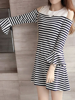 Black and White Slim A-Line Contrast Stripe Round Neck Off-Shoulder Flare Above Knee Dress for Casual