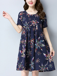 Blue Plus Size Loose A-Line Printed V Neck Fit & Flare Above Knee Dress for Casual