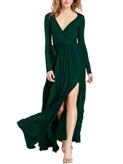 Green Slim V Neck Band Furcal Full Skirt Long Sleeve Maxi Dress for Party Evening Cocktail