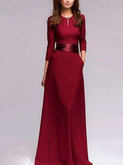Red Slim Round Neck High-Waist Full Skirt Band Back Long Sleeve Maxi Dress for Party Evening Cocktail Prom