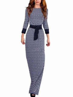 Blue and White Slim Contrast Linking Grid Round Neck High-Waist Band Back Full Skirt Long Sleeve Maxi Dress for Evening Party Cocktail