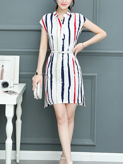 Blue Red and White Chiffon Plus Size Slim A-Line Contrast Stripe Stand Collar V Neck Buttons Furcal Side Above Knee Dress for Casual Party Office