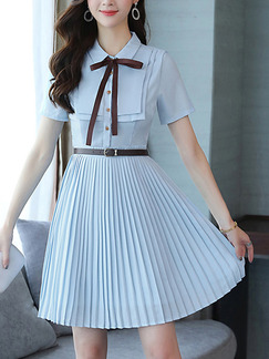 Blue Slim A-Line Pleated Lapel Butterfly Knot Buttons Above Knee Dress for Casual Office
