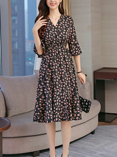 Blue Colorful Chiffon Plus Size Slim Printed V Neck Flare Sleeve Adjustable Waist Fishtail Knee Length Floral Dress for Casual Party