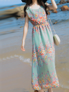 Colorful Chiffon Slim Floral Strapless Round Neck Adjustable Waist Full Skirt Maxi Dress for Casual Beach