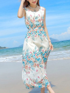 White Colorful Chiffon Slim Floral Strapless Round Neck Adjustable Waist Full Skirt Maxi Dress for Casual Beach