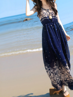 Blue and White Chiffon Slim Floral Strapless Round Neck Adjustable Waist Full Skirt Maxi Dress for Casual Beach