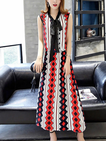 White Red and Black Two-Piece Slim A-Line Contrast Printed Band Collar Adjustable Waist Dress for Casual Office
