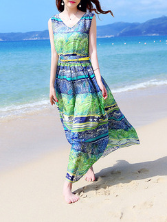 Green and Blue Plus Size Slim Strapless Printed Round Neck Adjustable Waist Full Skirt Maxi Dress for Casual Beach
