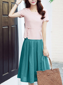 Pink and Green Two-Piece Plus Size Slim Round Neck Chinese Buttons A-Line Pleated Pockets Dress for Casual