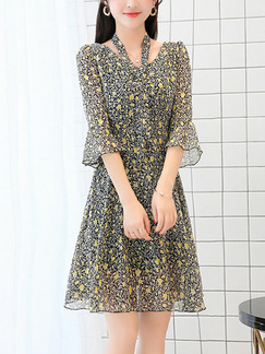 Black and Yellow Chiffon Slim A-Line Printed V Neck Flare Sleeve Band Double Layer Dress for Casual Party