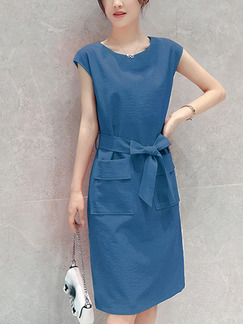 Blue Plus Size Slim A-Line Round Neck Pockets Band Knee length Dress for Casual Office Party