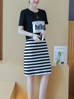 Black and White Two-Piece Plus Size Slim A-Line Contrast Stripe Round Neck Letter Printed Knee Length  Dress for Casual Party