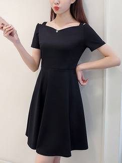 Black Plus Size Slim A-Line Sling Off-Shoulder V Neck Above Knee Fit & Flare Dress for Casual Party Office