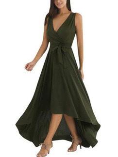 Green Slim V Neck Band Asymmetrical Hem Full Skirt Maxi Dress for Party Evening Cocktail