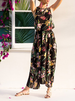 Black Colorful Plus Size Loose Printed Strapless Round Neck Invisible Pockets Floral Maxi Dress for Casual Beach