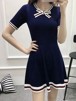 Blue Knitting Slim A-Line Contrast Linking Stripe Butterfly Knot Above Knee Dress for Casual Party