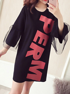 Black and Red Plus Size Loose H-Shaped Round Neck Letter Printed Linking Mesh Flare Sleeve Above Knee Dress for Casual