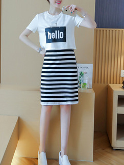 White and Black Two-Piece Plus Size Slim Round Neck Letter Printed Strapless Contrast Stripe Knee Length Dress for Casual Party