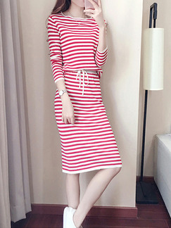 Red and White Plus Size Slim Contrast Stripe Round Neck Adjustable Waist Band H-Shaped Knee Length Dress for Casual
